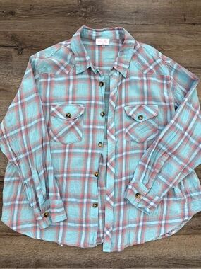 Pink Lily Turquoise Blue Plaid Shirt with Coral Accents